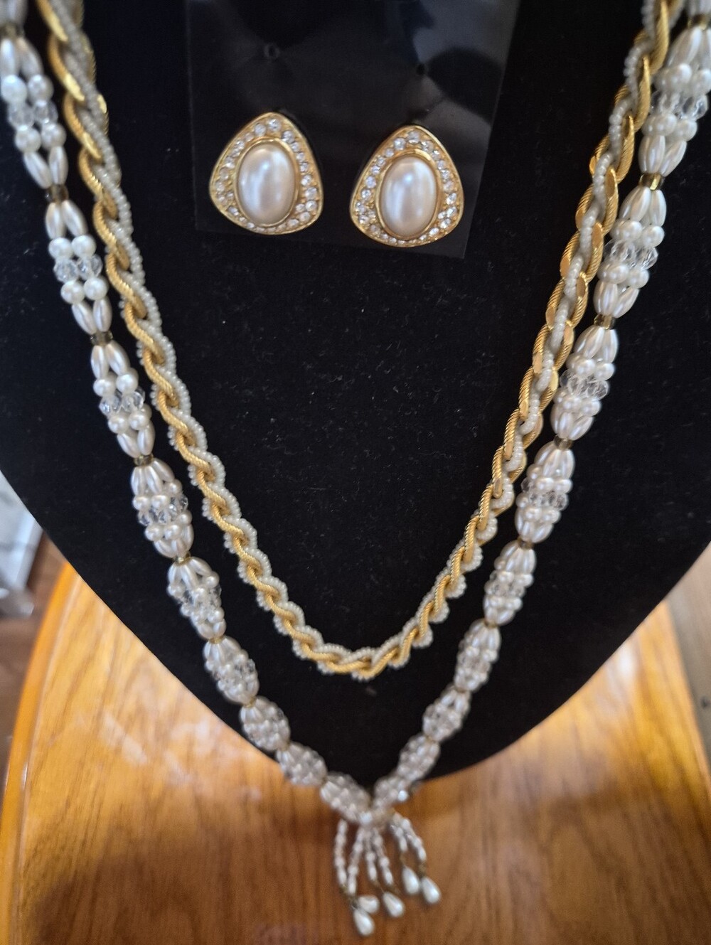 Vintage Trifari Gold-Tone Pearl and Clear Crystal Necklace Set